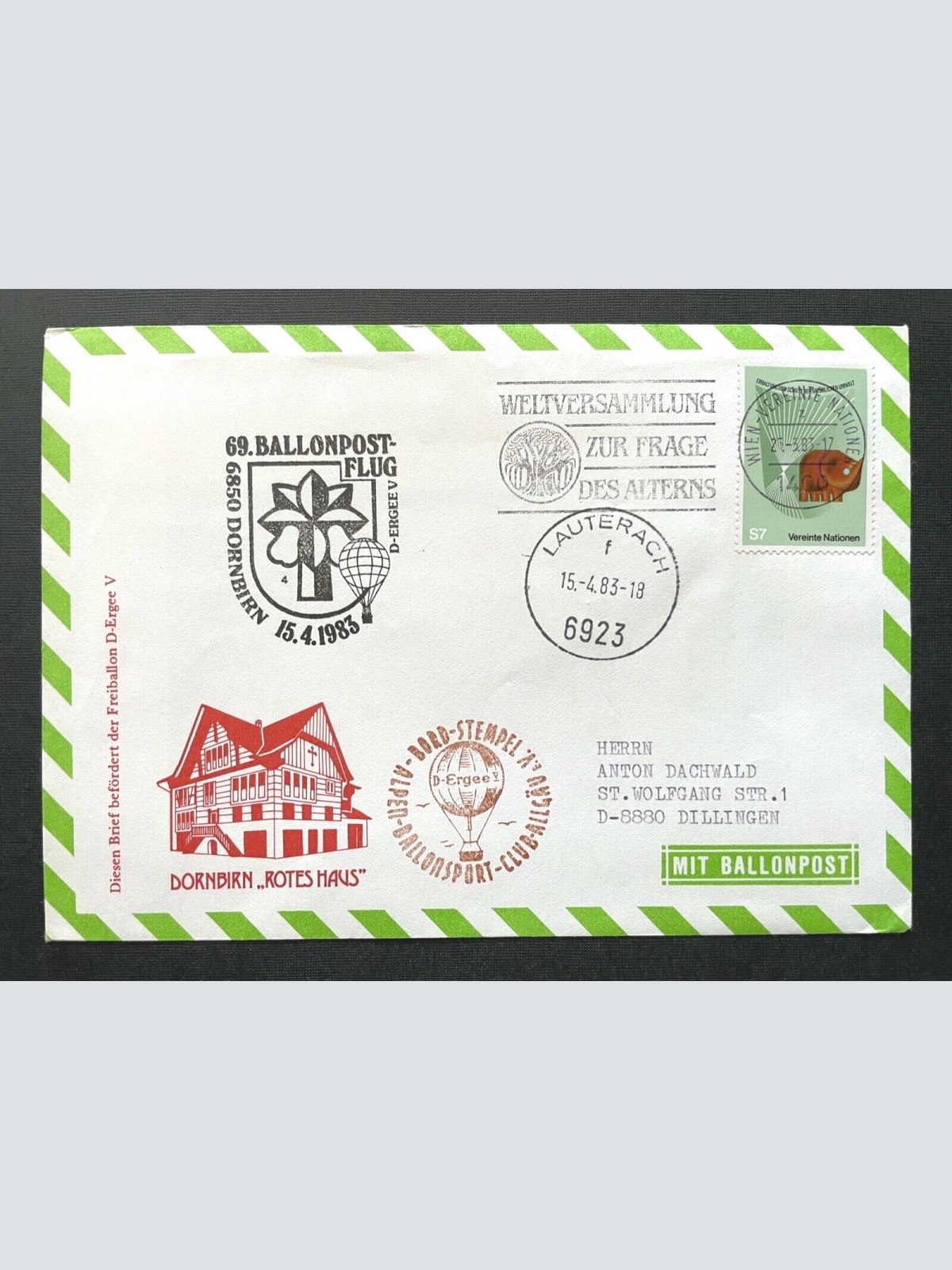 Brief 69.Ballonpost-Flug Bordstempel Lauterach 1983 ca.16,2x11,4cm 410350