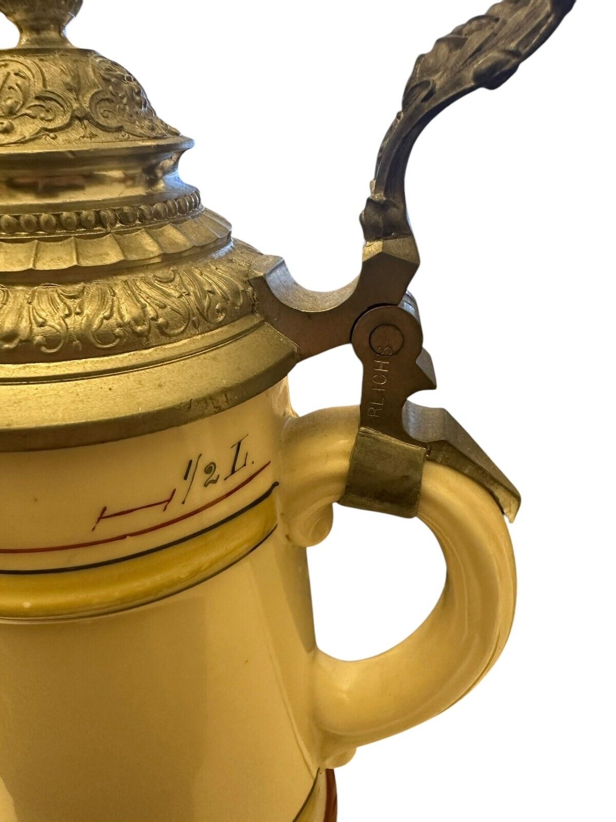 Gruß aus Bierkrug Burghausen  Zinndeckel Bodenbild 0,5 L ca. 21 cm um 1920