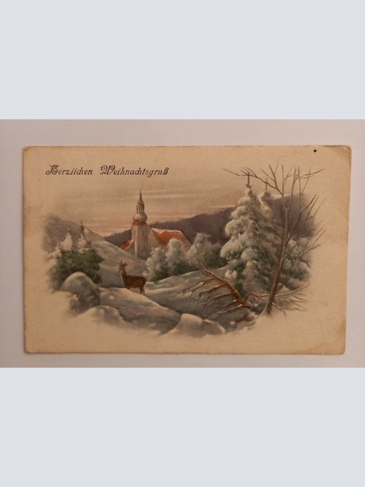 Herzlichen Weihnachtsgruß, Reh und Kirche  500124A gr D