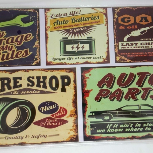 Nostalgie Retro Blechschild Auto Gas Reifen Batterie 30x20 50123