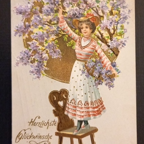 Herzlichste Glückwünsche Zum Namenstag Frau Mit Flieder Prägekarte 600767A Ga G