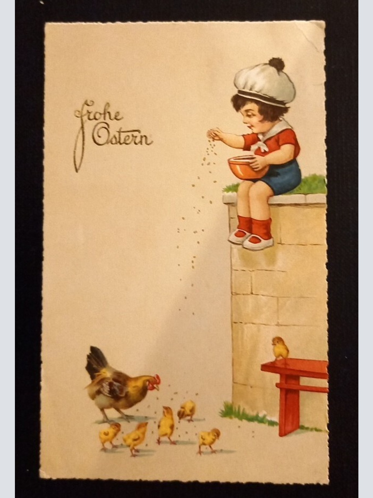 Frohe Ostern Kind Füttert Kücken Und Henne 600774A Ga G