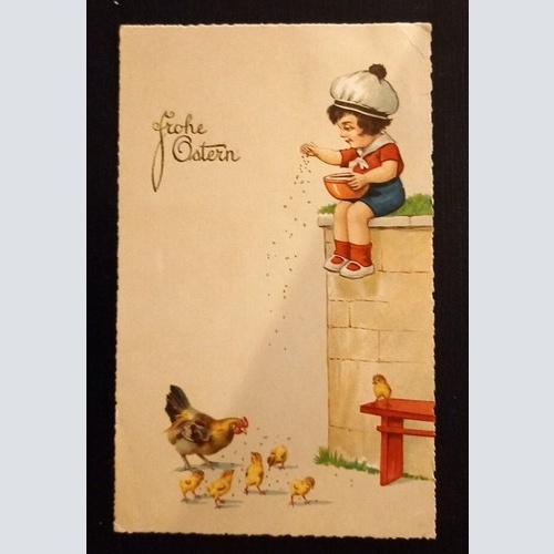 Frohe Ostern Kind Füttert Kücken Und Henne 600774A Ga G