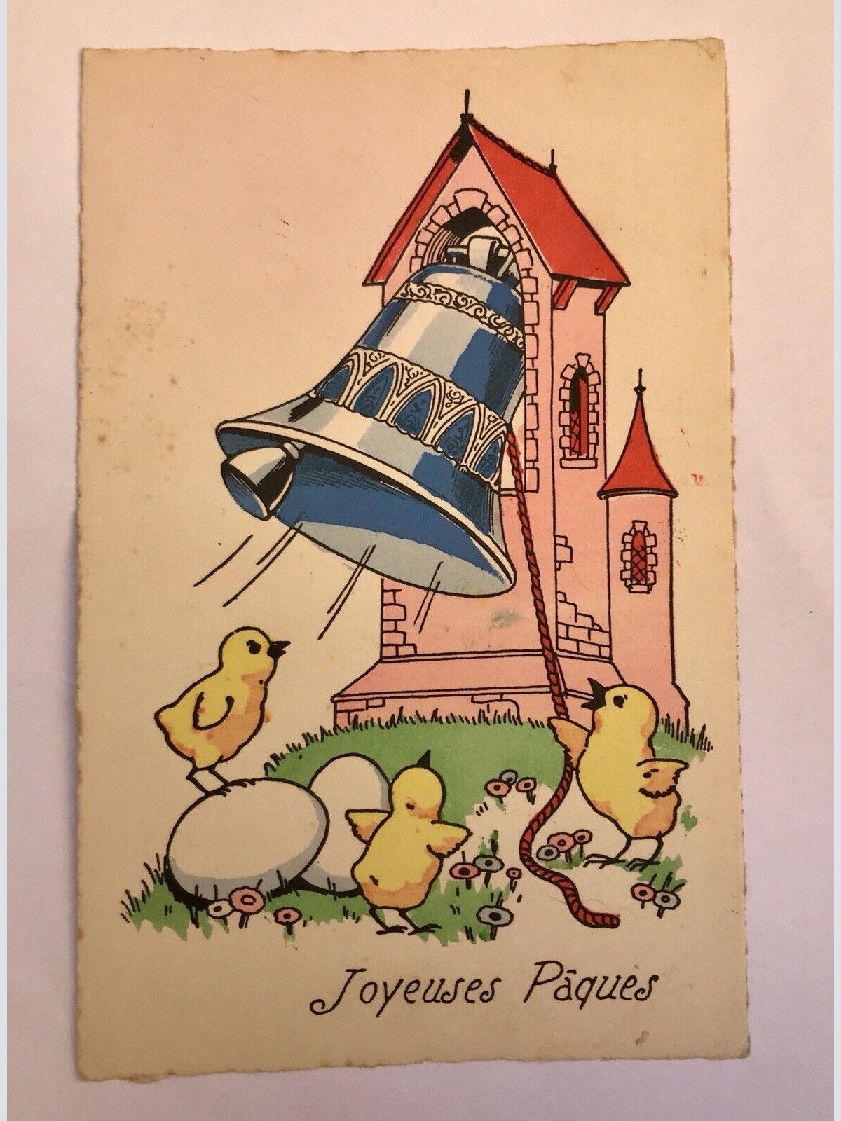 AK, Frohe Ostern, Joyeuses Paques, Kücken, Kirchturm, Glocke (40001 BW)