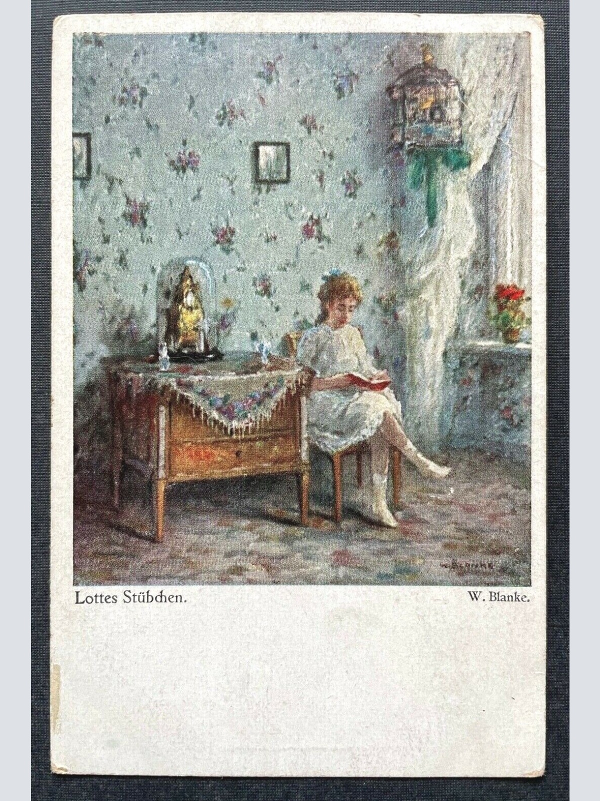 Malerei Lottes Stübchen W.Blanke Mädchen Buch Vogelkäfig Komode Kleid 402694 C