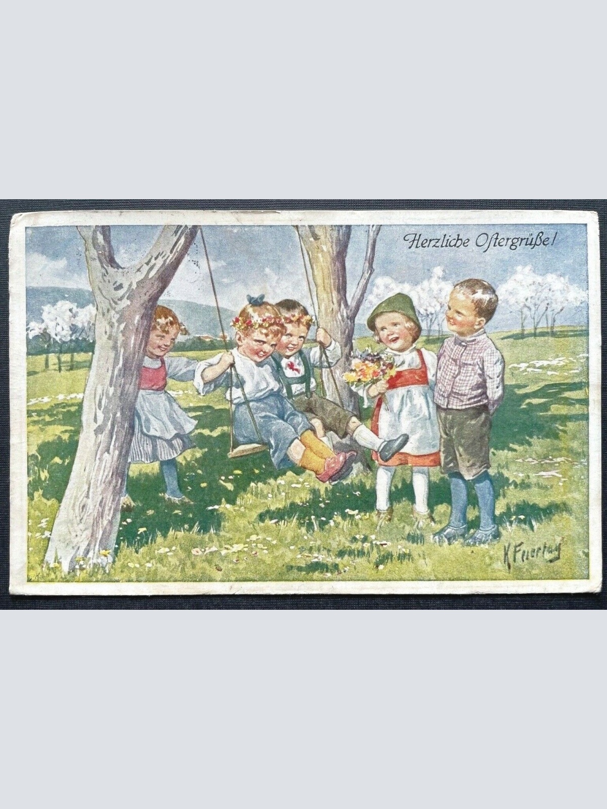 Herzliche Ostergrüße Kinder Schaukel Tracht Blumen Wiese K.Feiertag 402697 TH