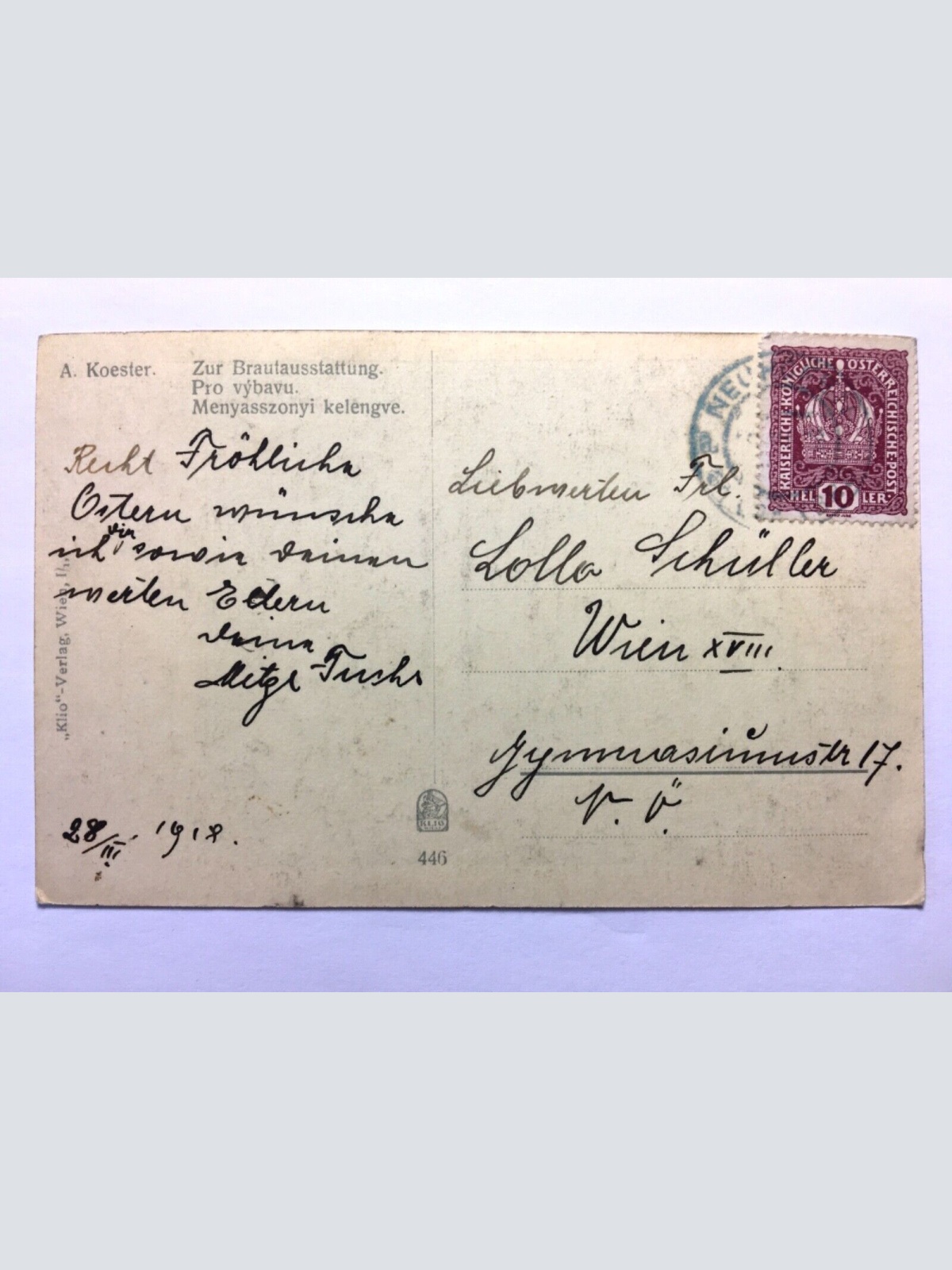 Zur Brautaustattung (A.Koester) - Frau näht Kleid - Künstlerkarte 50019 TH D